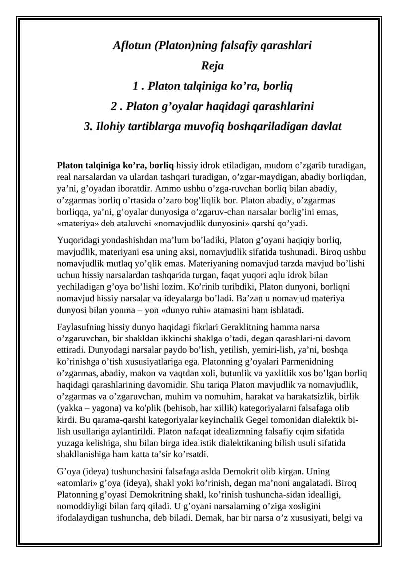 Aflotun (Platon)ning falsafiy qarashlari 1