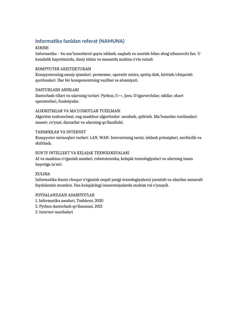 Informatika fanidan referat (NAMUNA) 1
