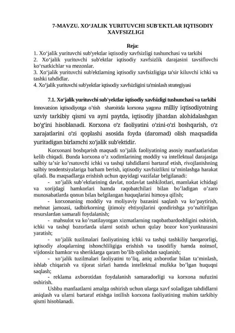 Xo‘jalik Yurituvchi Sub'ektlar Iqtisodiy Xavfsizligi