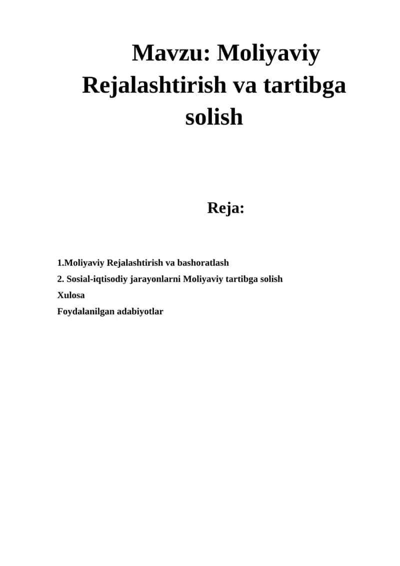 Moliyaviy Rejalashtirish va tartibga solish 1