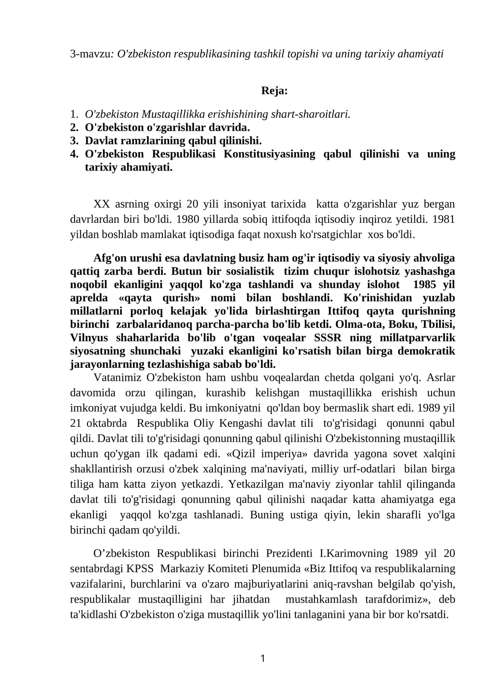 O'zbekiston respublikasining tashkil topishi va uning tarixiy ahamiyati 1