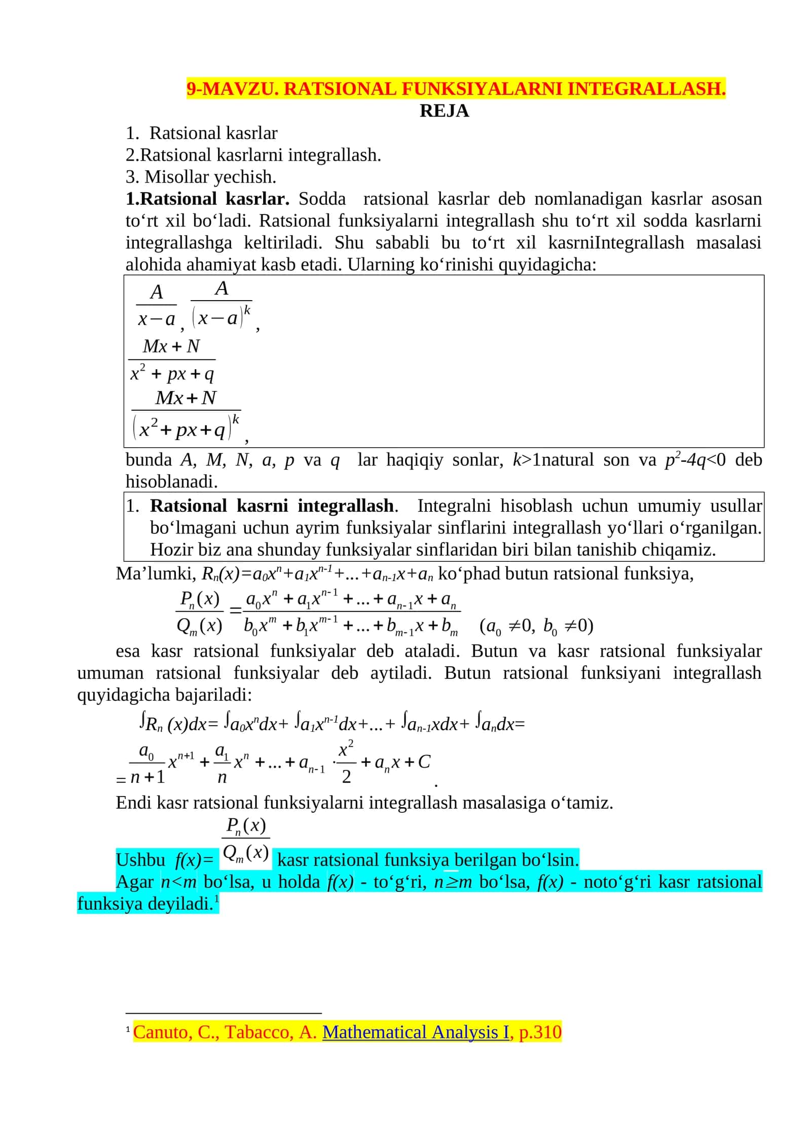 RATSIONAL FUNKSIYALARNI INTEGRALLASH 1