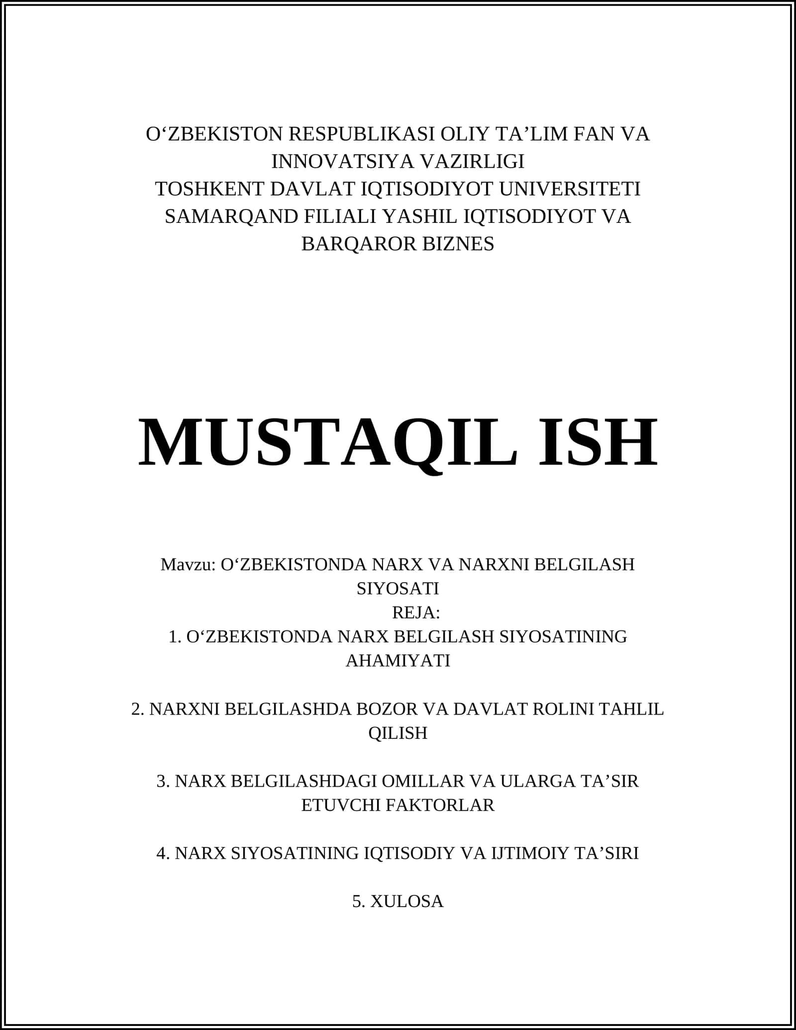 O‘ZBEKISTONDA NARX VA NARXNI BELGILASH SIYOSATI 1