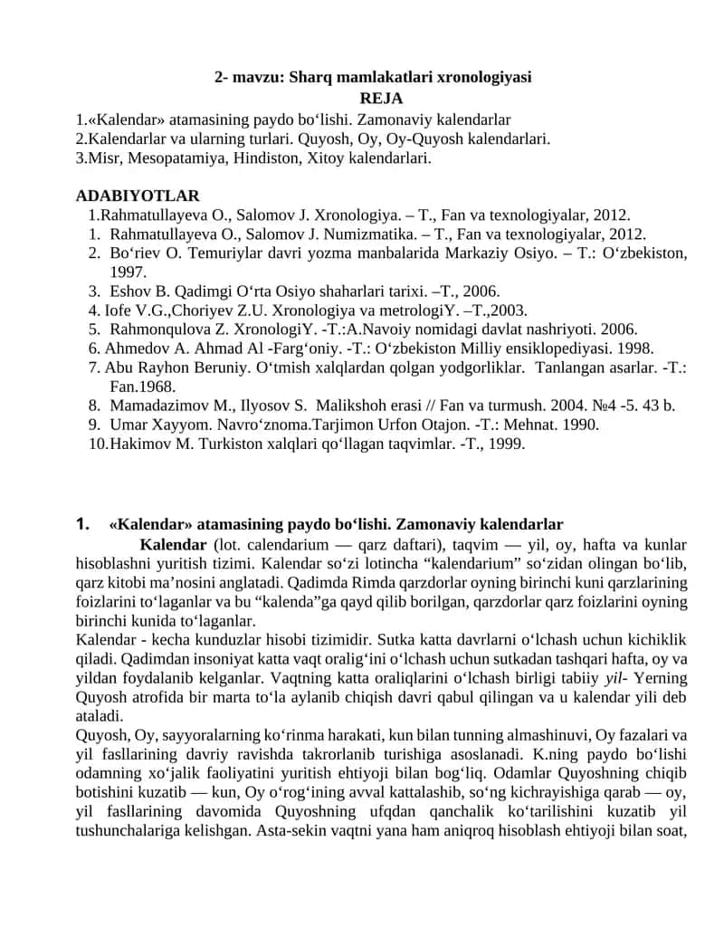 Sharq mamlakatlari xronologiyasi 1