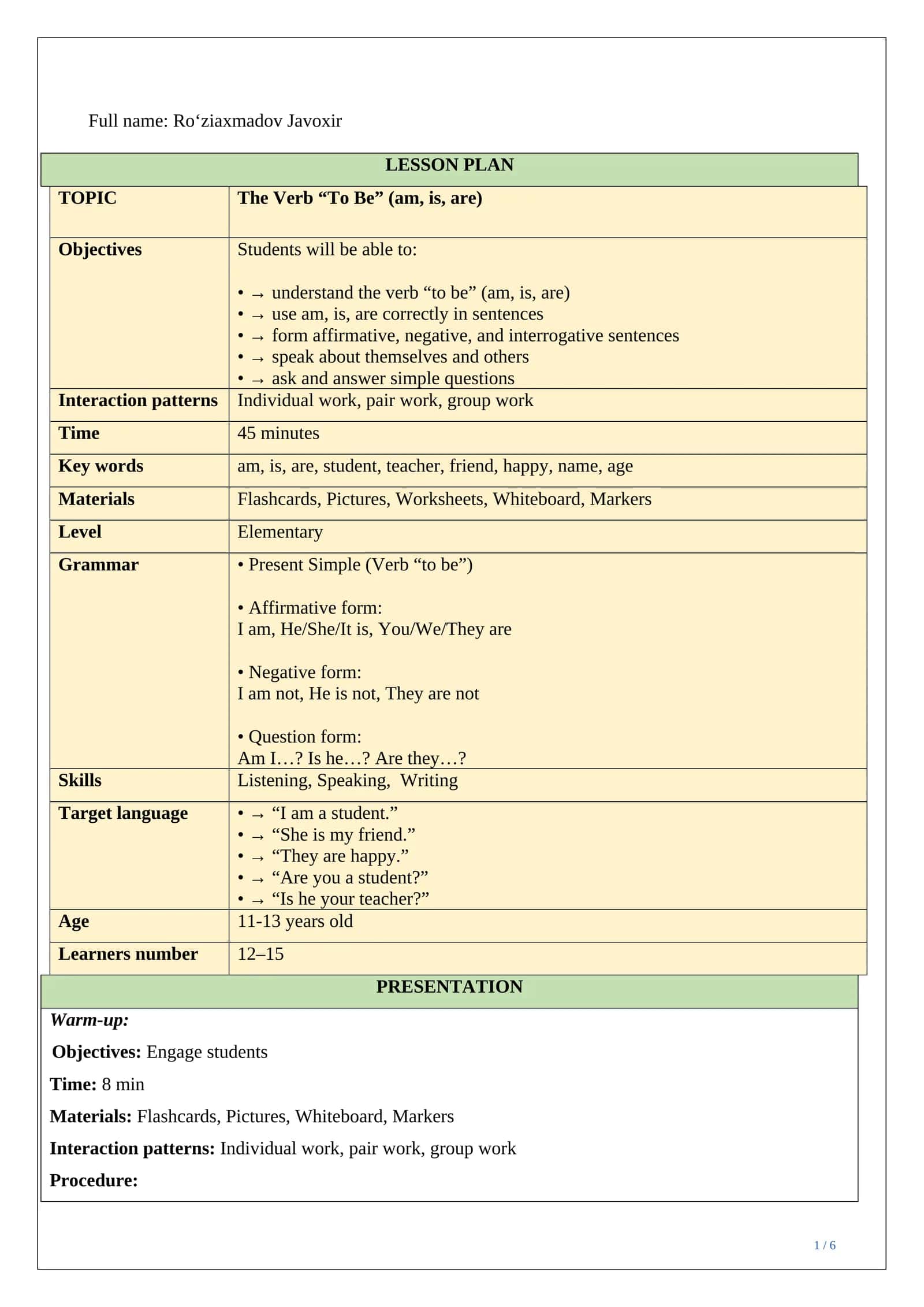 Lesson plan ESP The Verb “To Be” 1