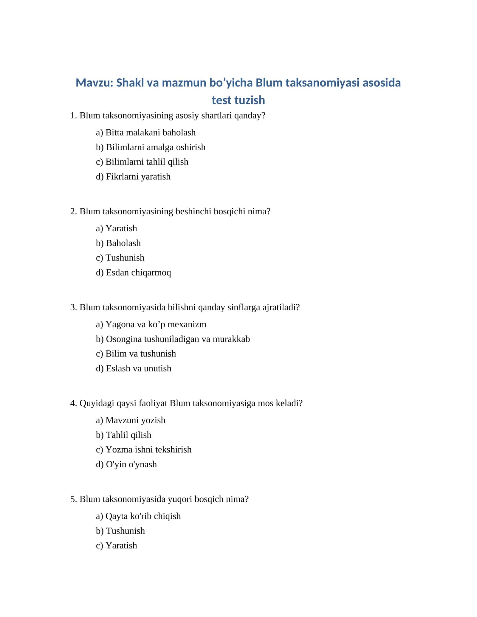 Blum taksanomiyasi asosida test tuzish 1