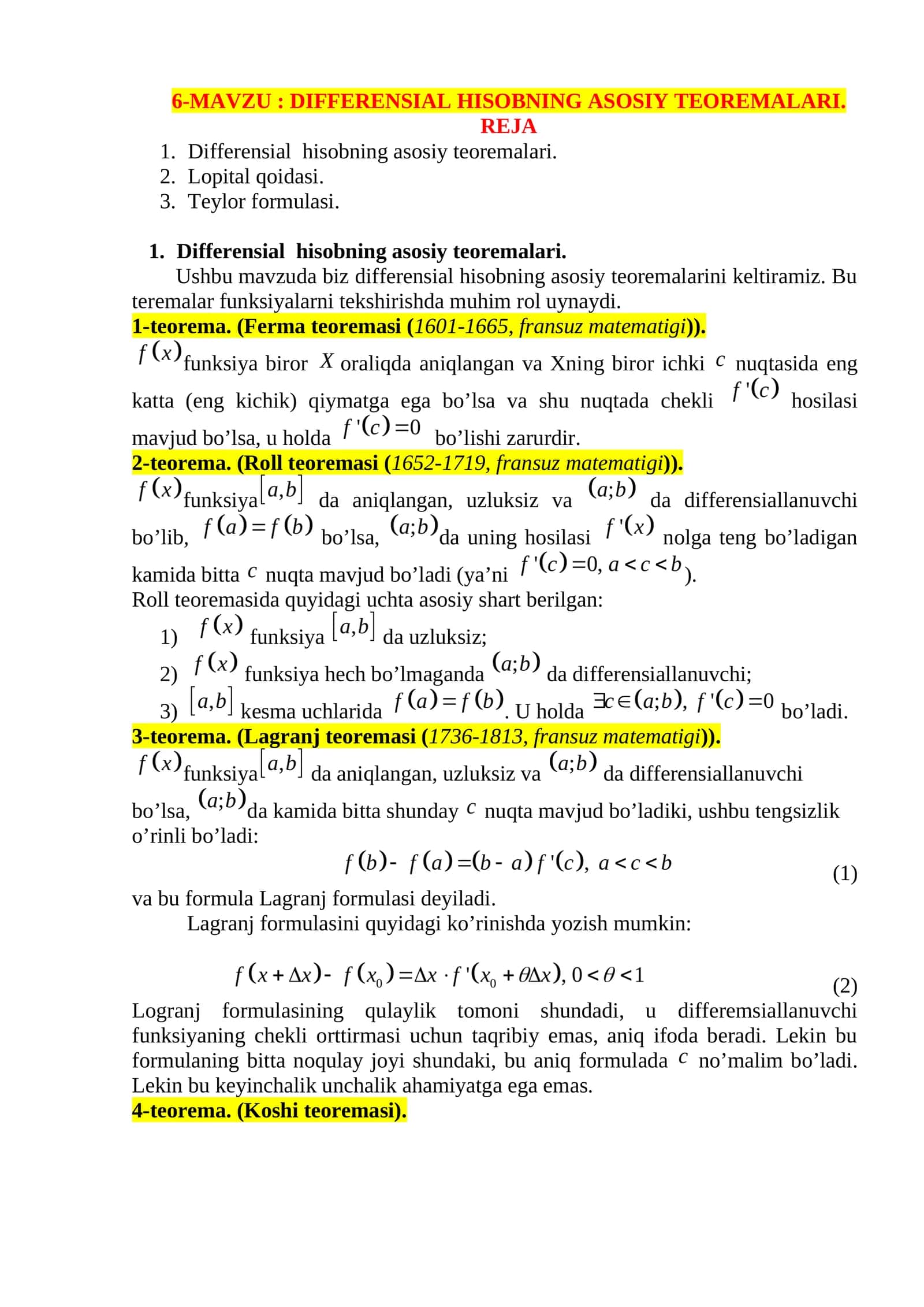 DIFFERENSIAL HISOBNING ASOSIY TEOREMALARI 1