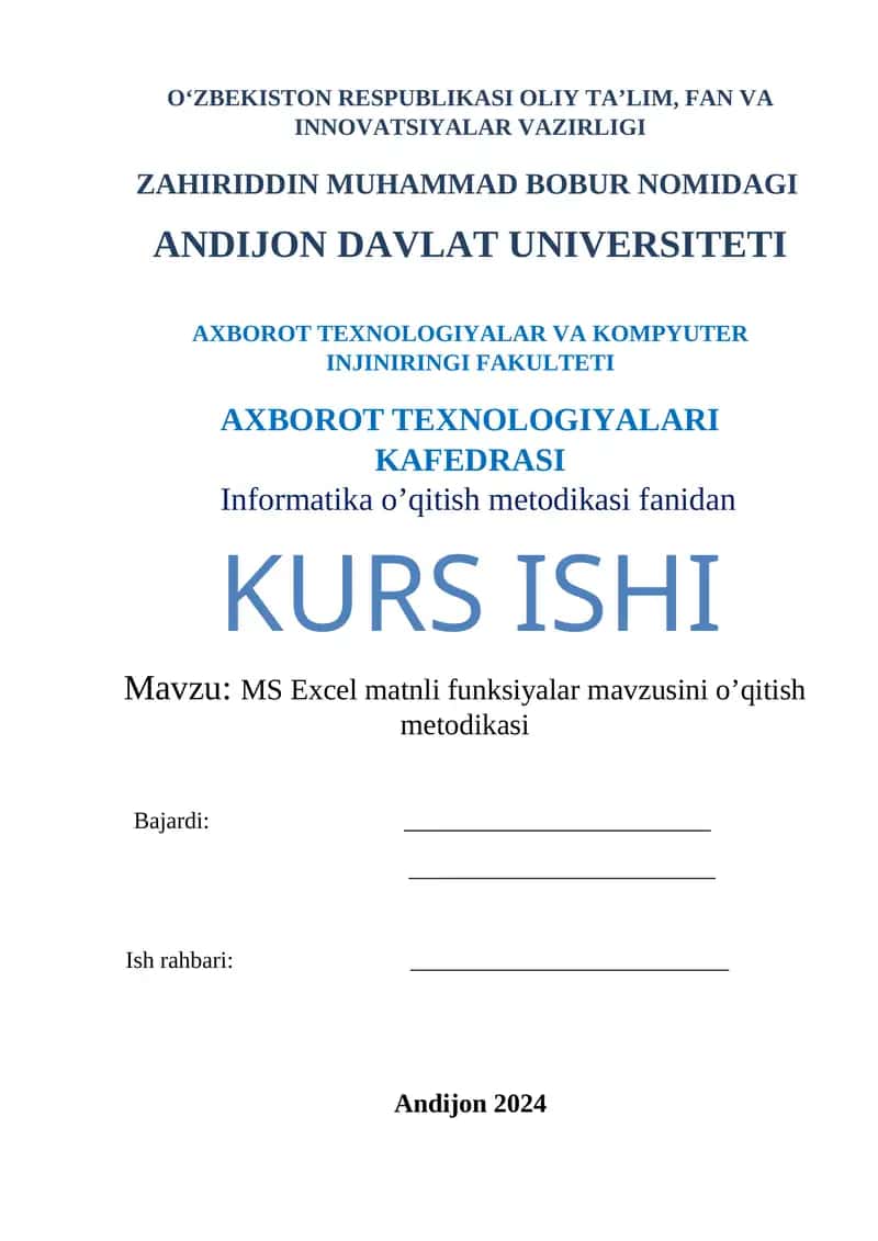 MS Excel matnli funksiyalar mavzusini o’qitish metodikasi 1