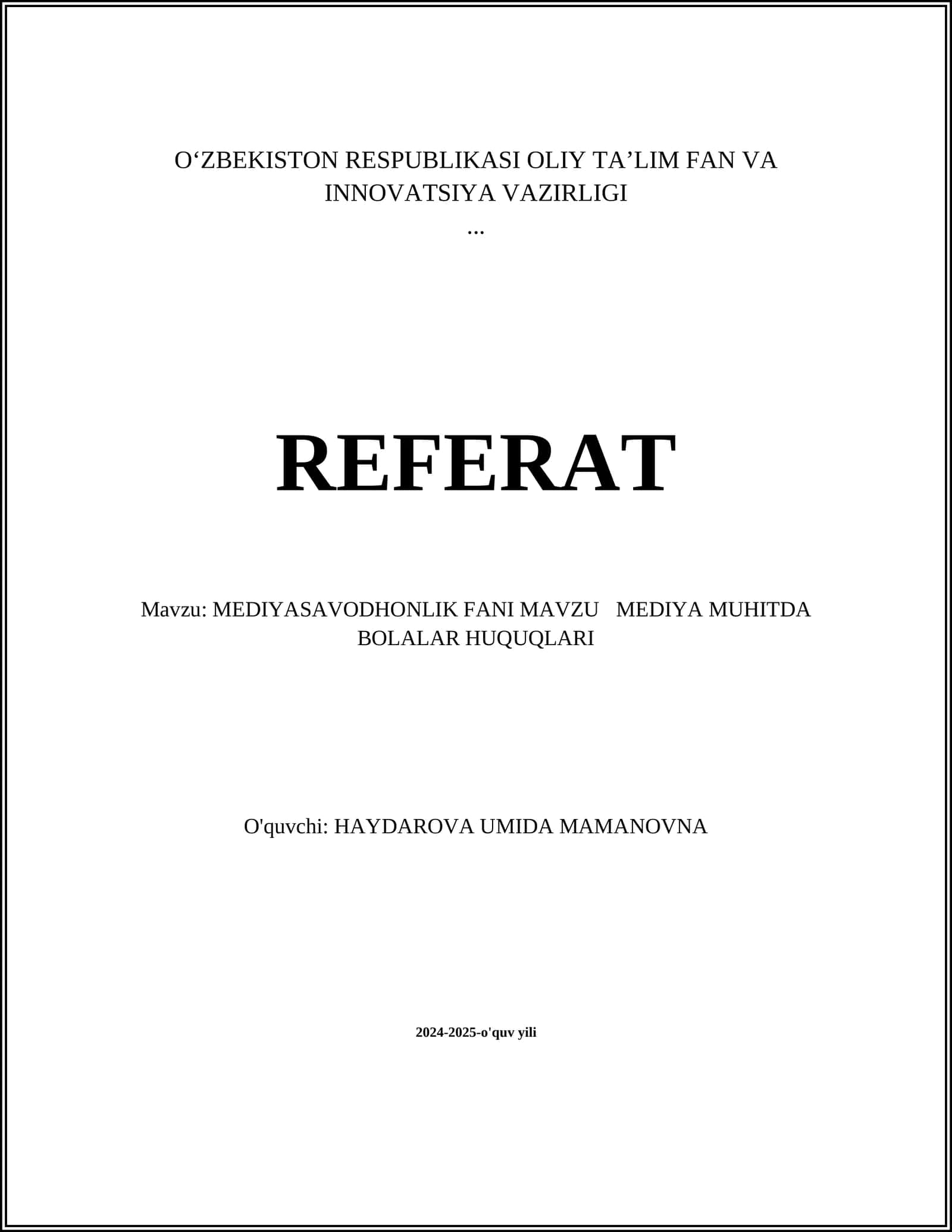 MEDIYASAVODHONLIK FANI 1