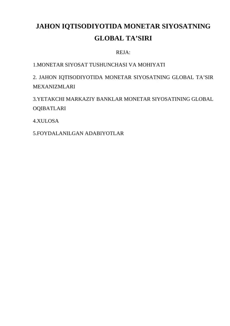 JAHON IQTISODIYOTIDA MONETAR SIYOSATNING GLOBAL TA’SIRI 1