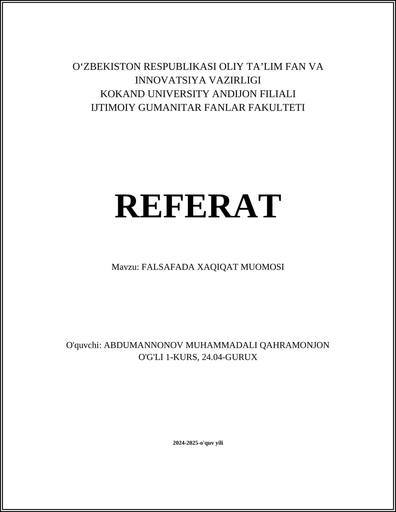 FALSAFADA XAQIQAT MUOMOSI 1