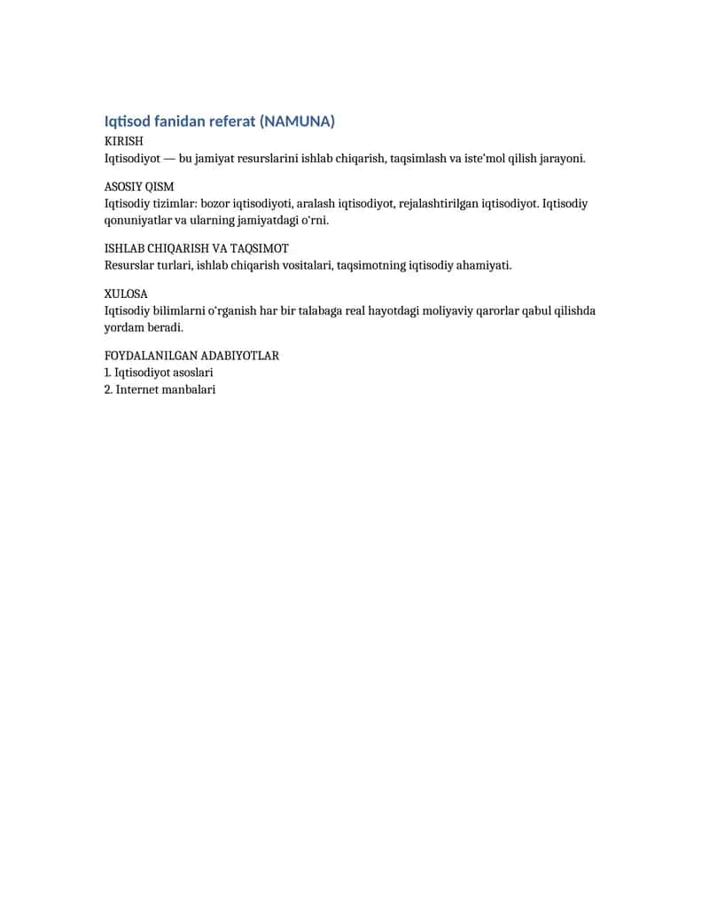 Iqtisod fanidan referat (NAMUNA) 1