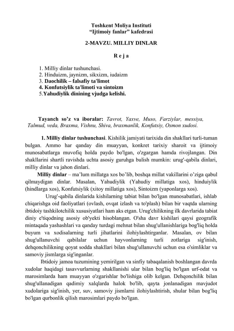 MAVZU. MILLIY DINLAR 1