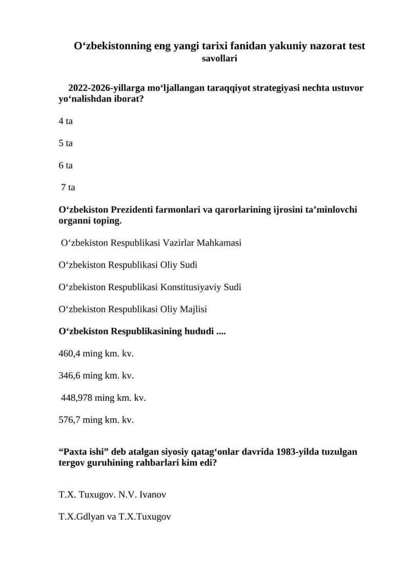 Eng yangi tarixi fanidan yakuniy nazorat test savollari 1