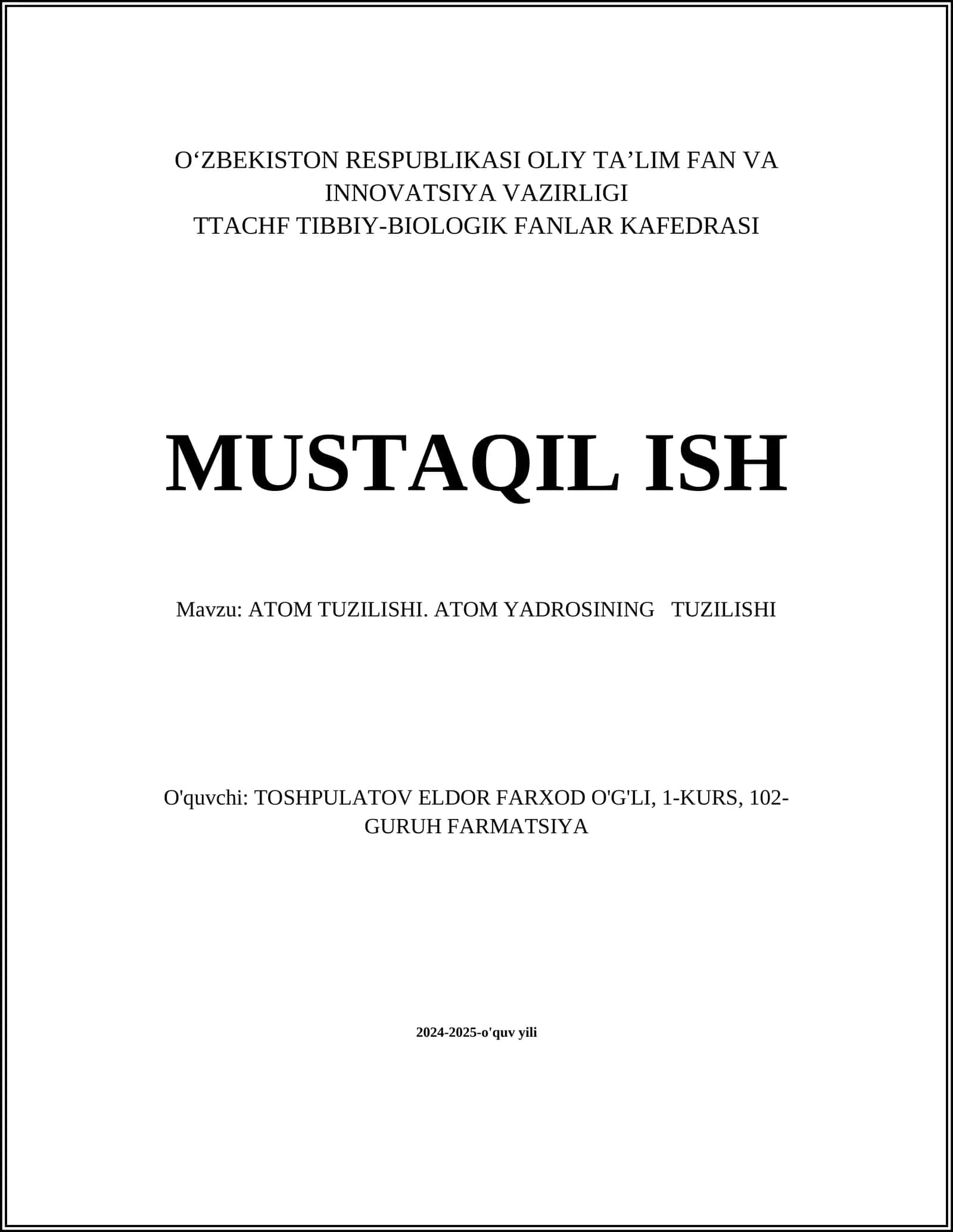 ATOM TUZILISHI. ATOM YADROSINING TUZILISHI 1