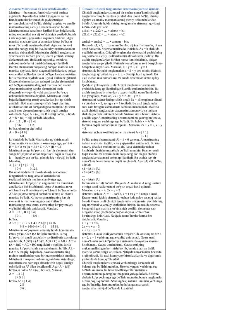 2-mavzu: Matritsalar va ular ustida amallar 1
