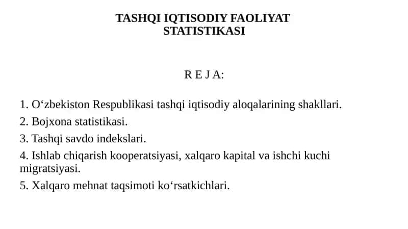TASHQI IQTISODIY FAOLIYAT STATISTIKASI 1