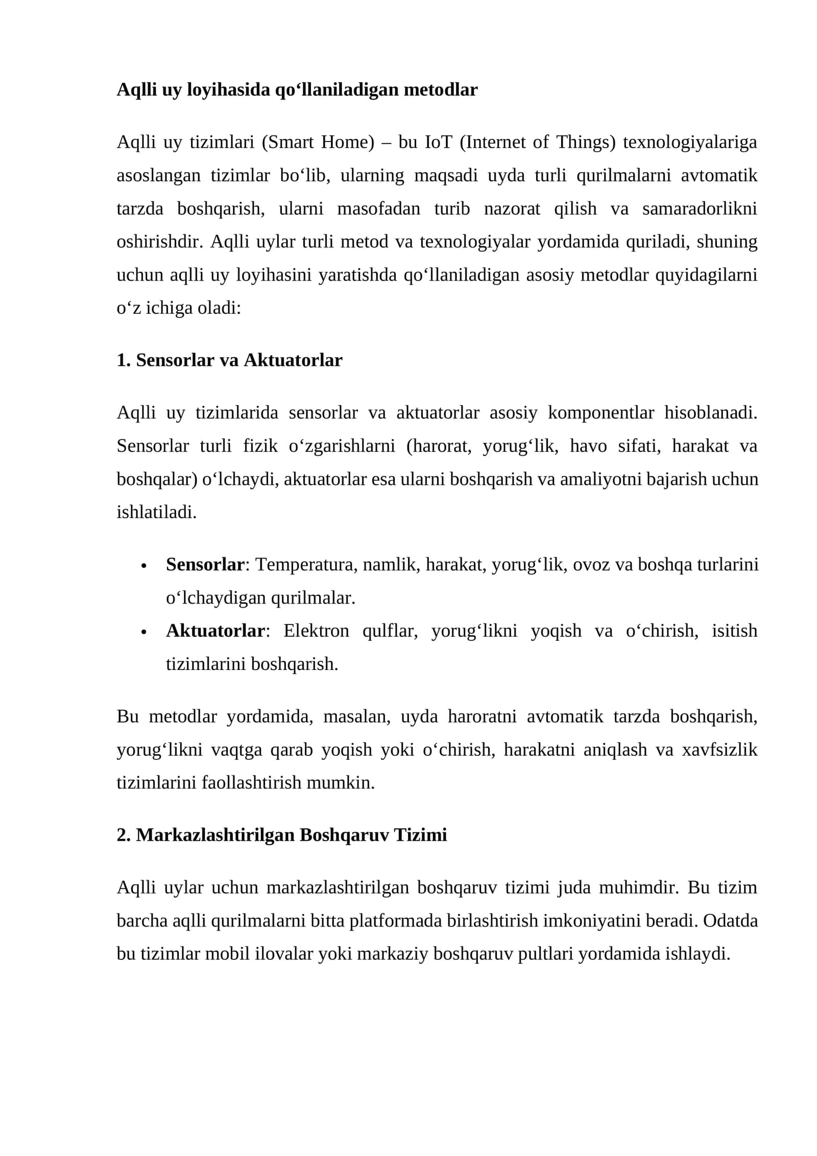 Aqlli uy loyihasida qo‘llaniladigan metodlar 1