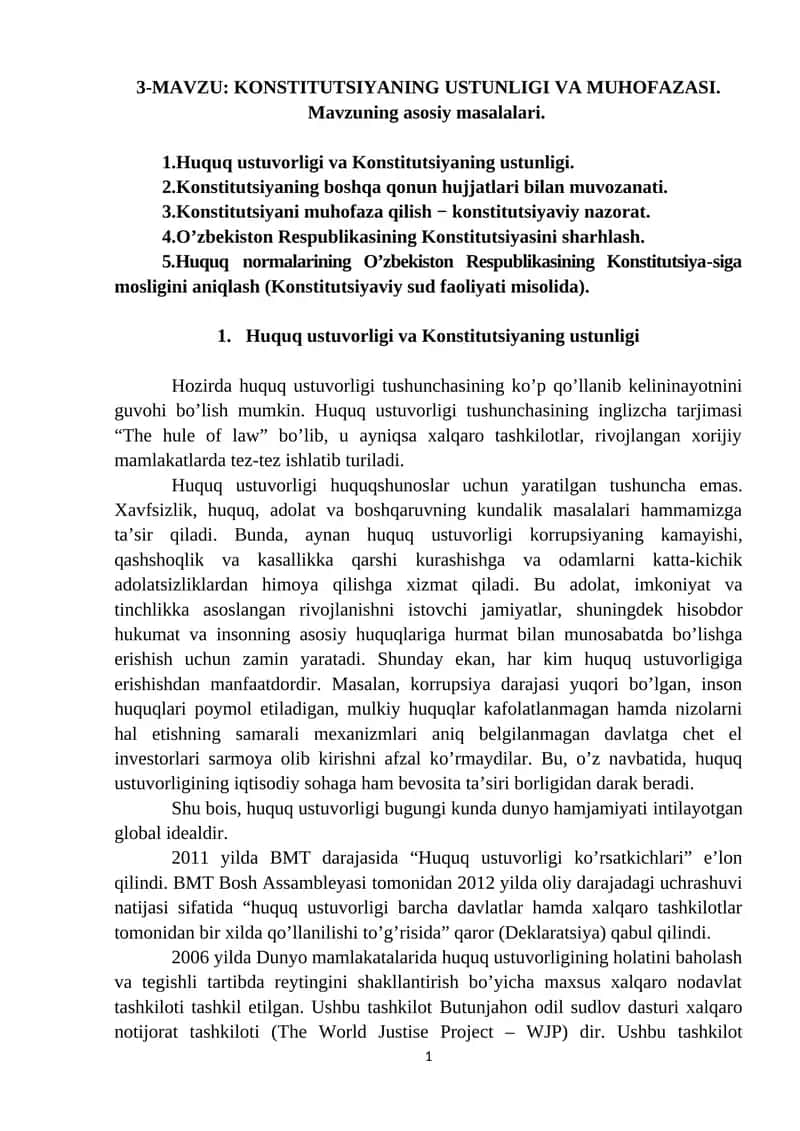 KONSTITUTSIYANING USTUNLIGI VA MUHOFAZASI 1