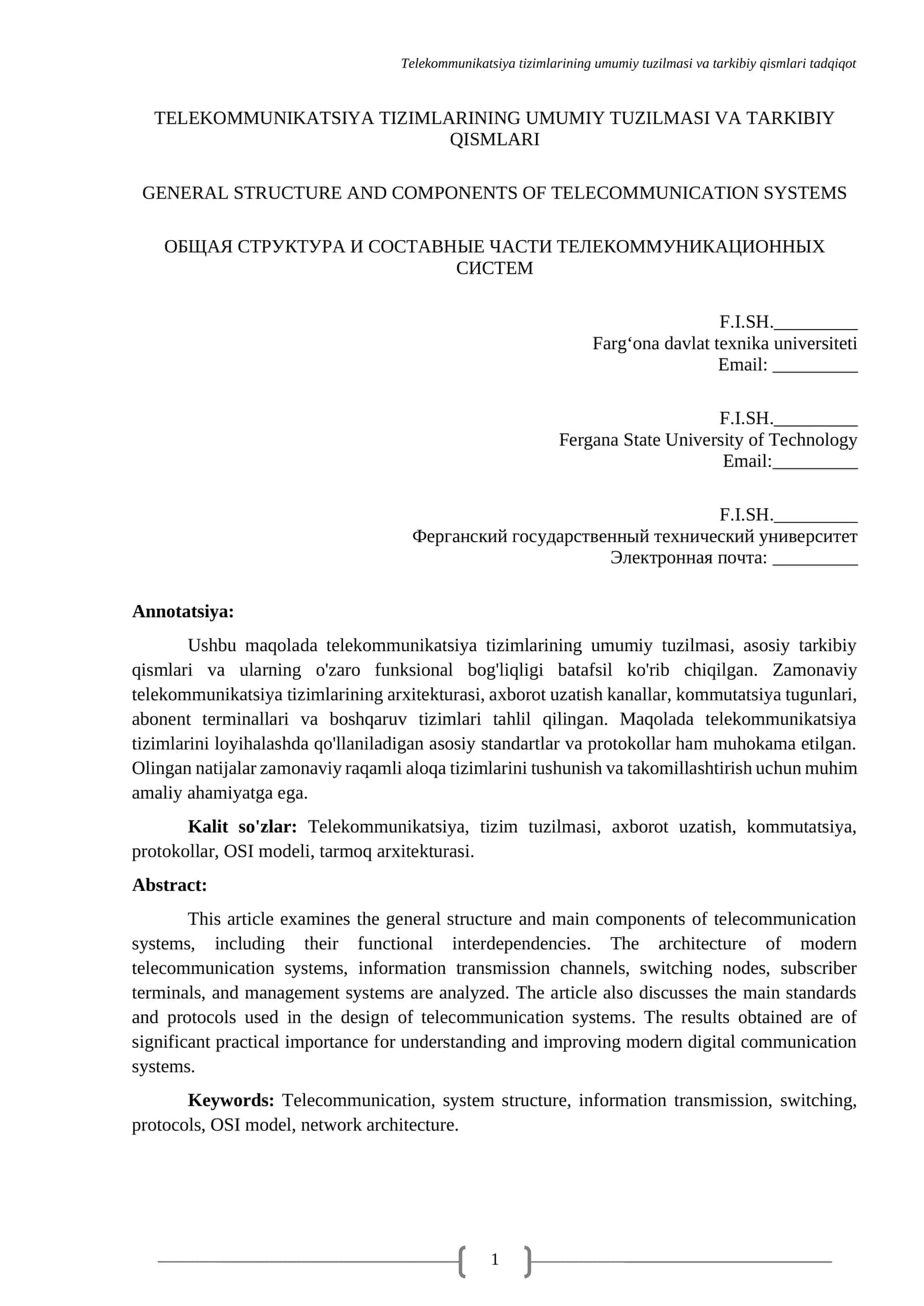 TELEKOMMUNIKATSIYA TIZIMLARINING UMUMIY TUZILMASI VA TARKIBIY QISMLARI HAQIDA MAQOLA 1