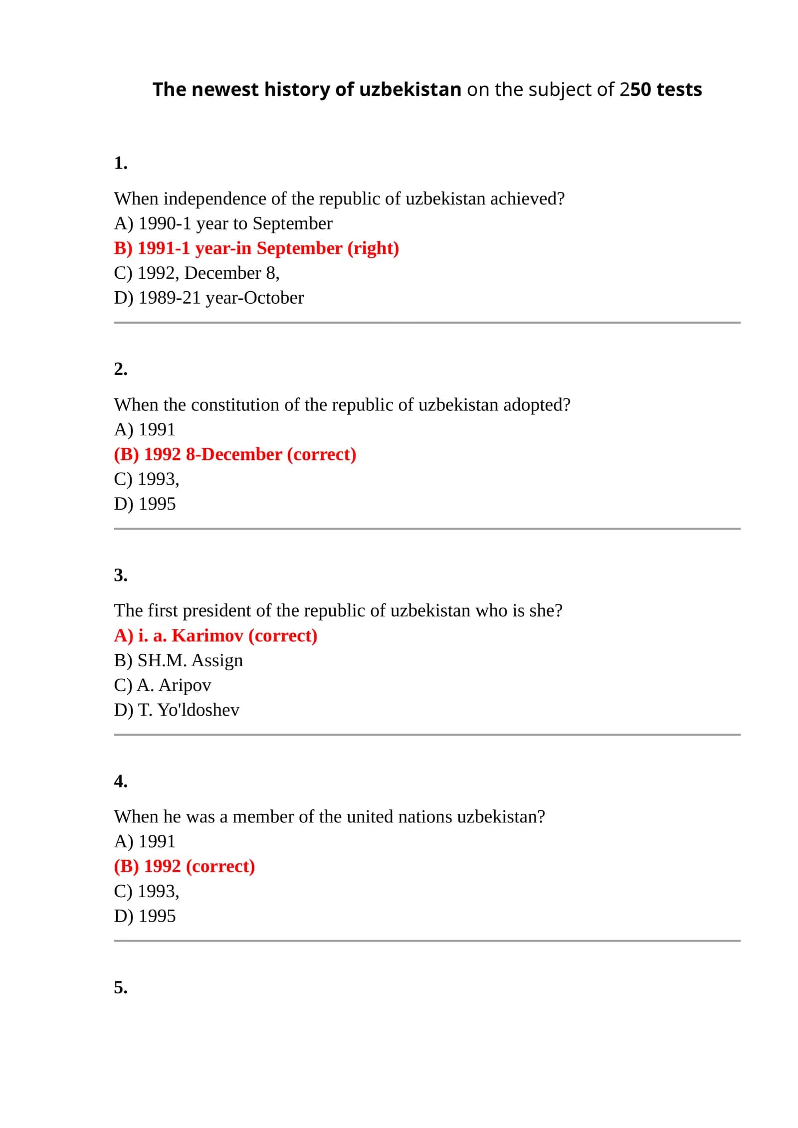 Test of knowledge of the history of Uzbekistan (250 tests) 1