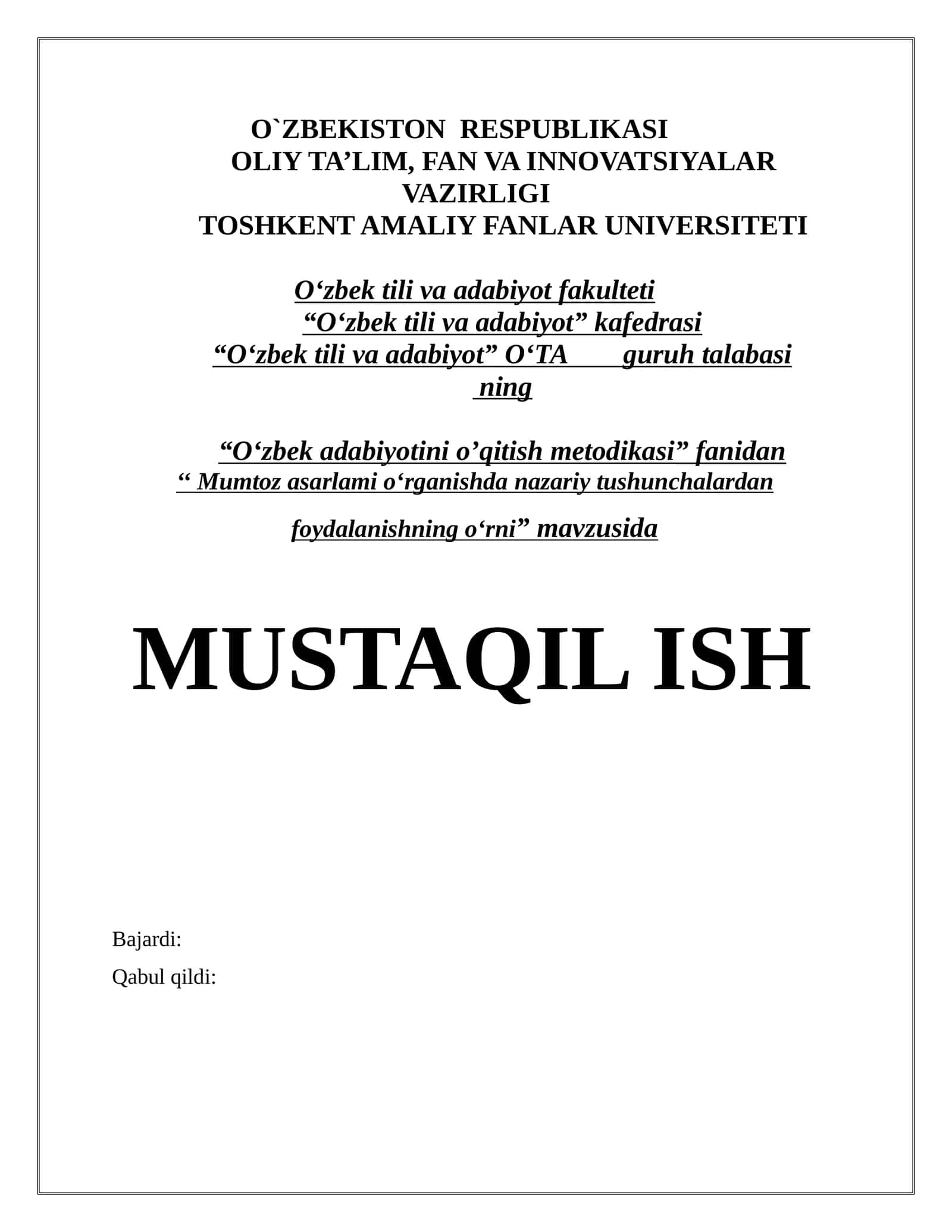 ”O‘zbek adabiyotini o’qitish metodikasi” fanidan 1
