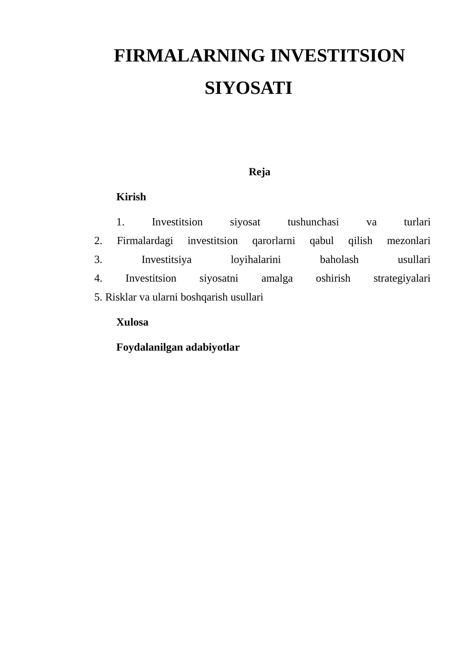 FIRMALARNING INVESTITSION SIYOSATI 1