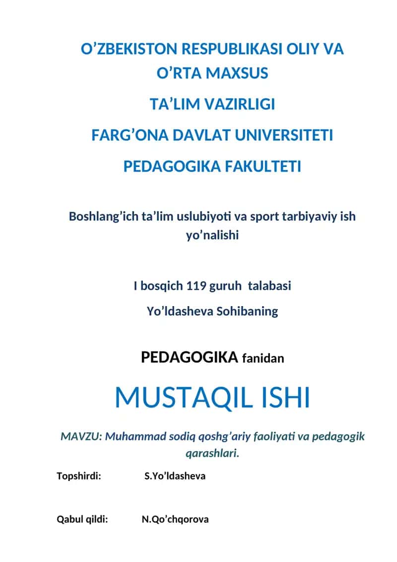 Muhammad Sodiq Qoshg’ariyning pedagogik qarashlari 1