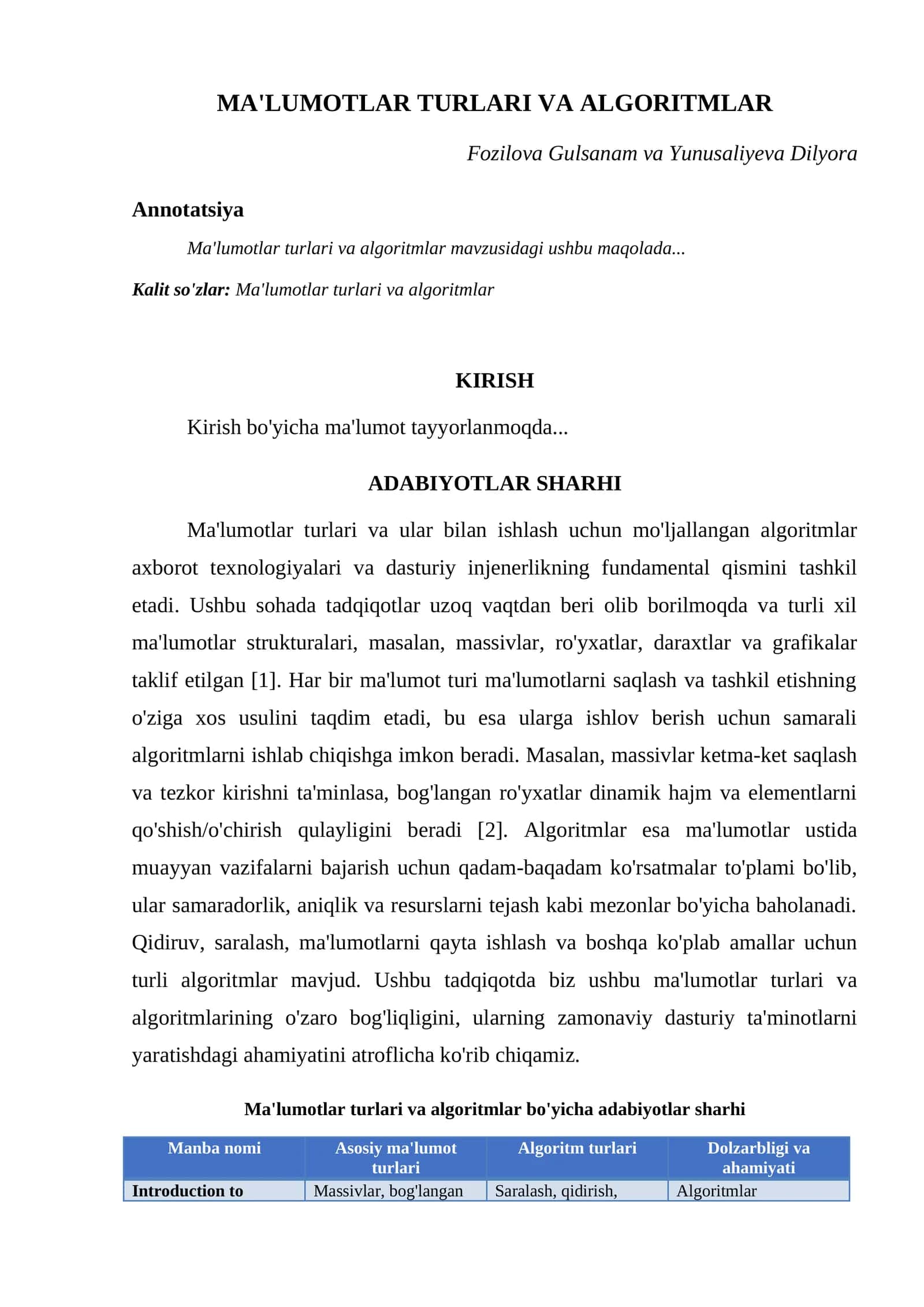 MA'LUMOTLAR TURLARI VA ALGORITMLAR 1