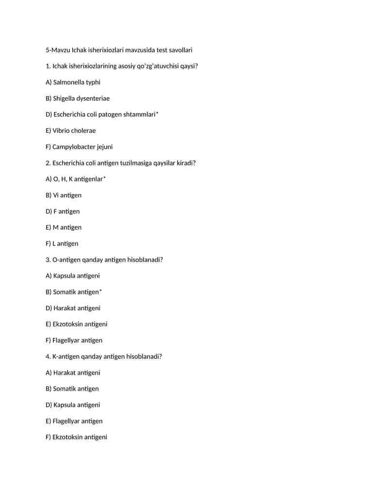 Ichak isherixiozlari test savollari 1