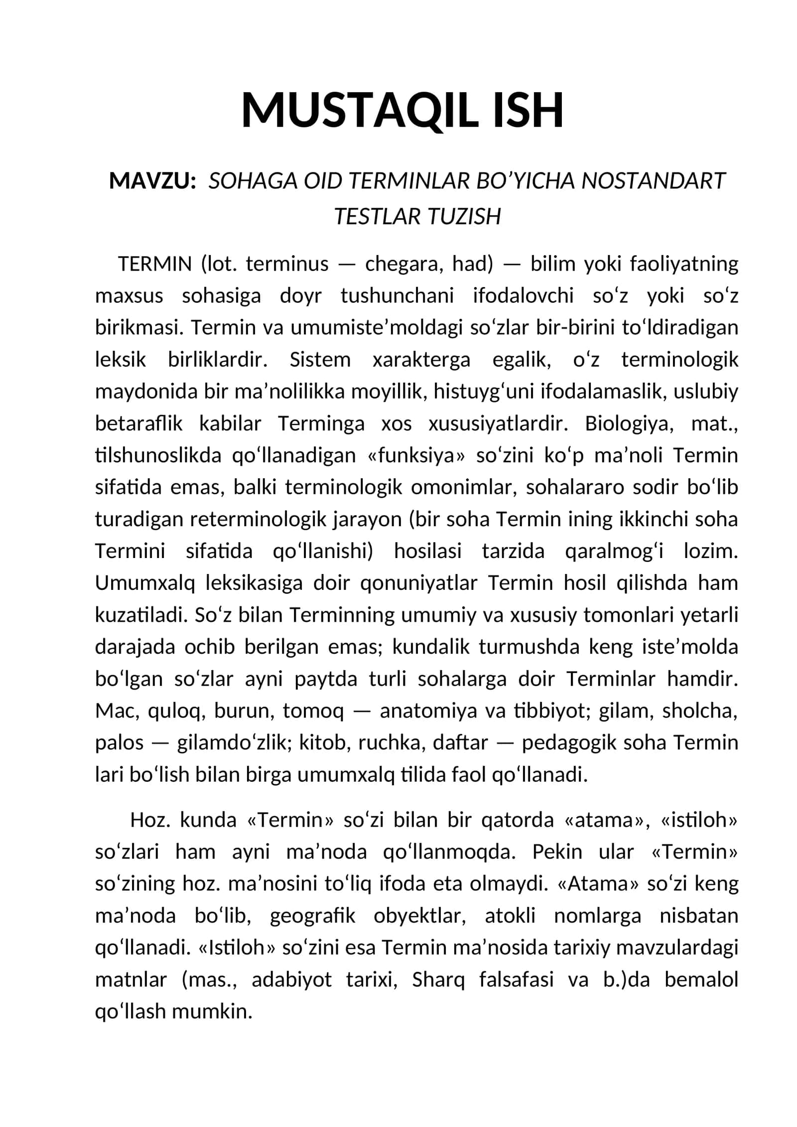 Terminlar bo'yicha Nostandart Testlar Tuzish 1