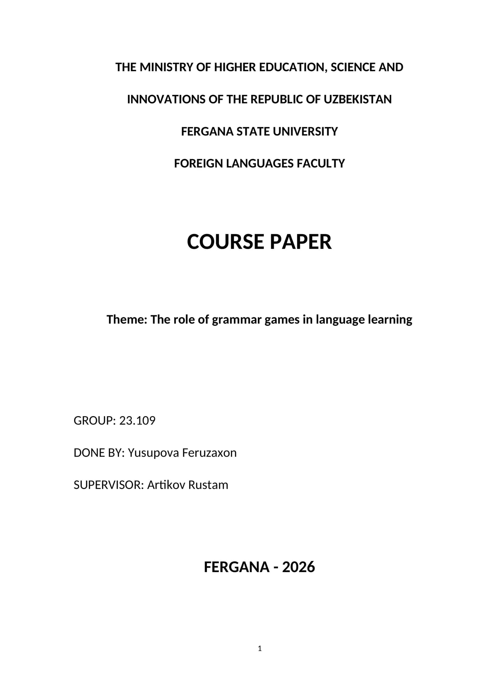 Course Paper on "The role of grammar games in language learning" 1