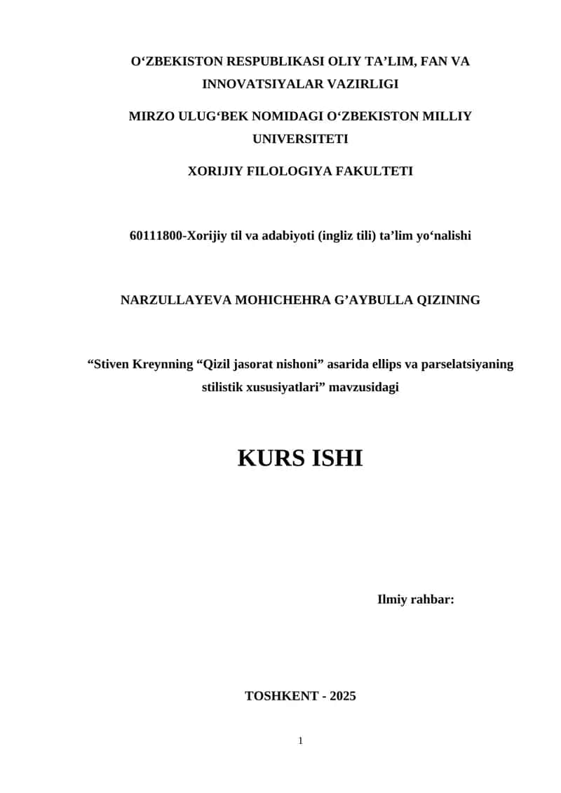 Stiven Kreynning "Qizil jasorat nishoni" asarida ellips va parselatsiyning stilistik xususiyatlari 1