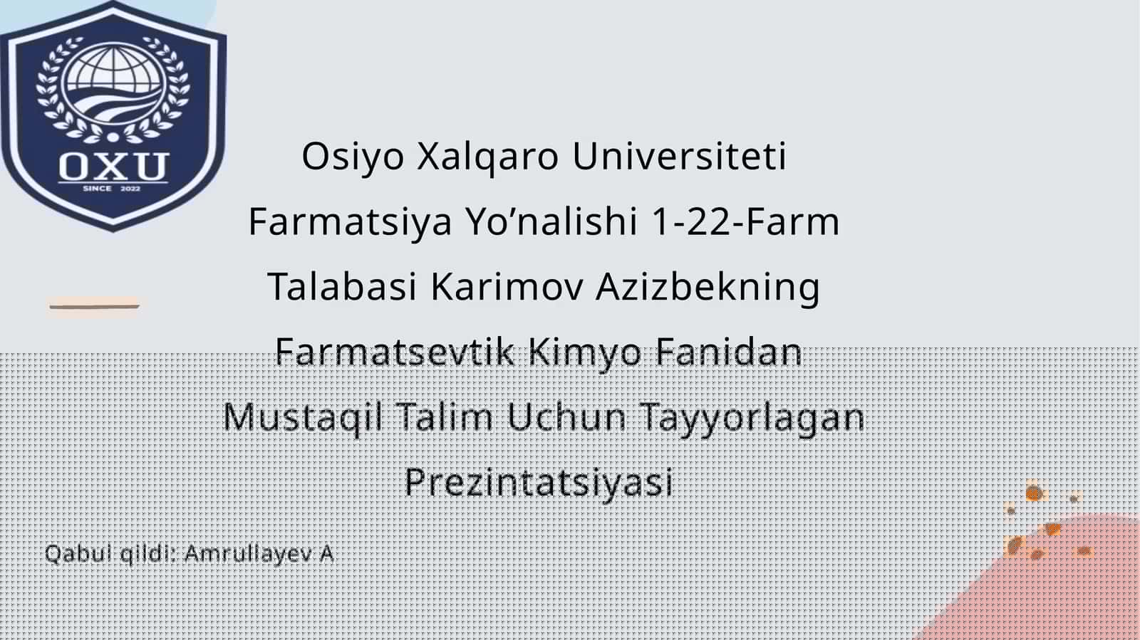 Farmatsevtik Kimyo Fanidan Mustaqil Talim Uchun Tayyorlagan Prezintatsiyasi 1