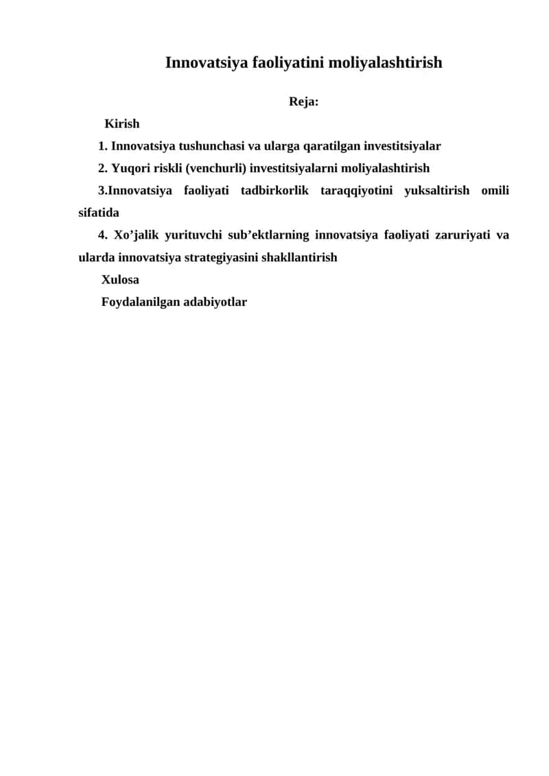 Innovatsiya faoliyatini moliyalashtirish 1