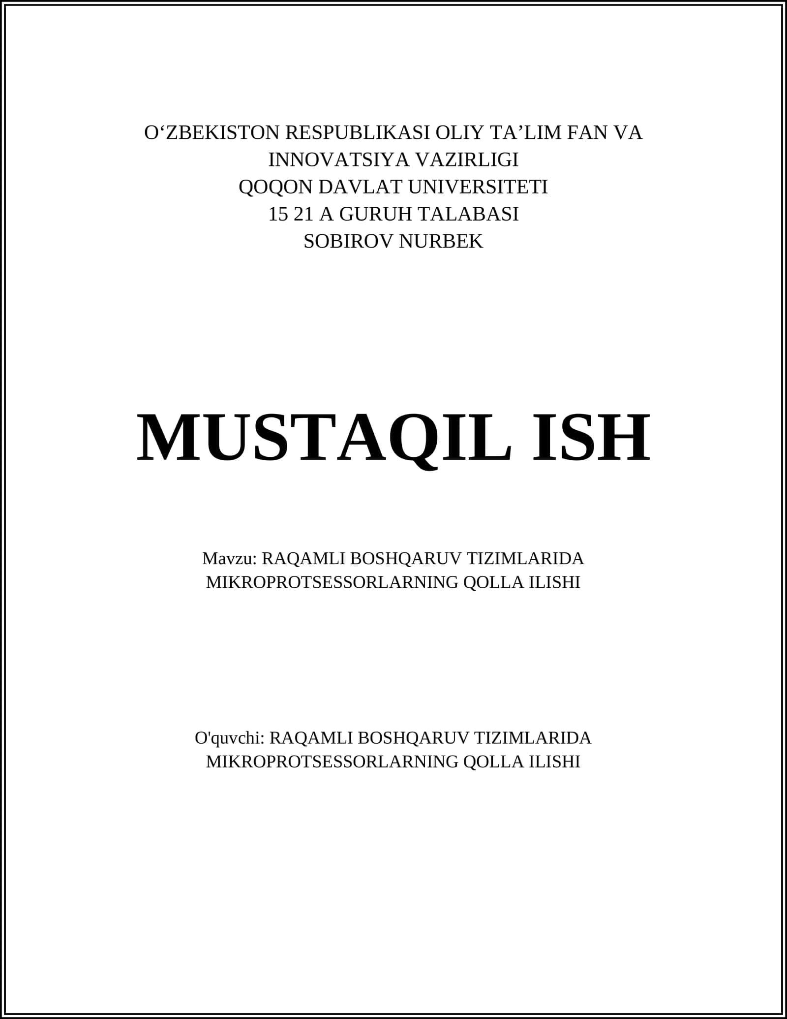 RAQAMLI BOSHQARUV TIZIMLARIDA MIKROPROTSESSORLARNING QOLLA ILISHI 1