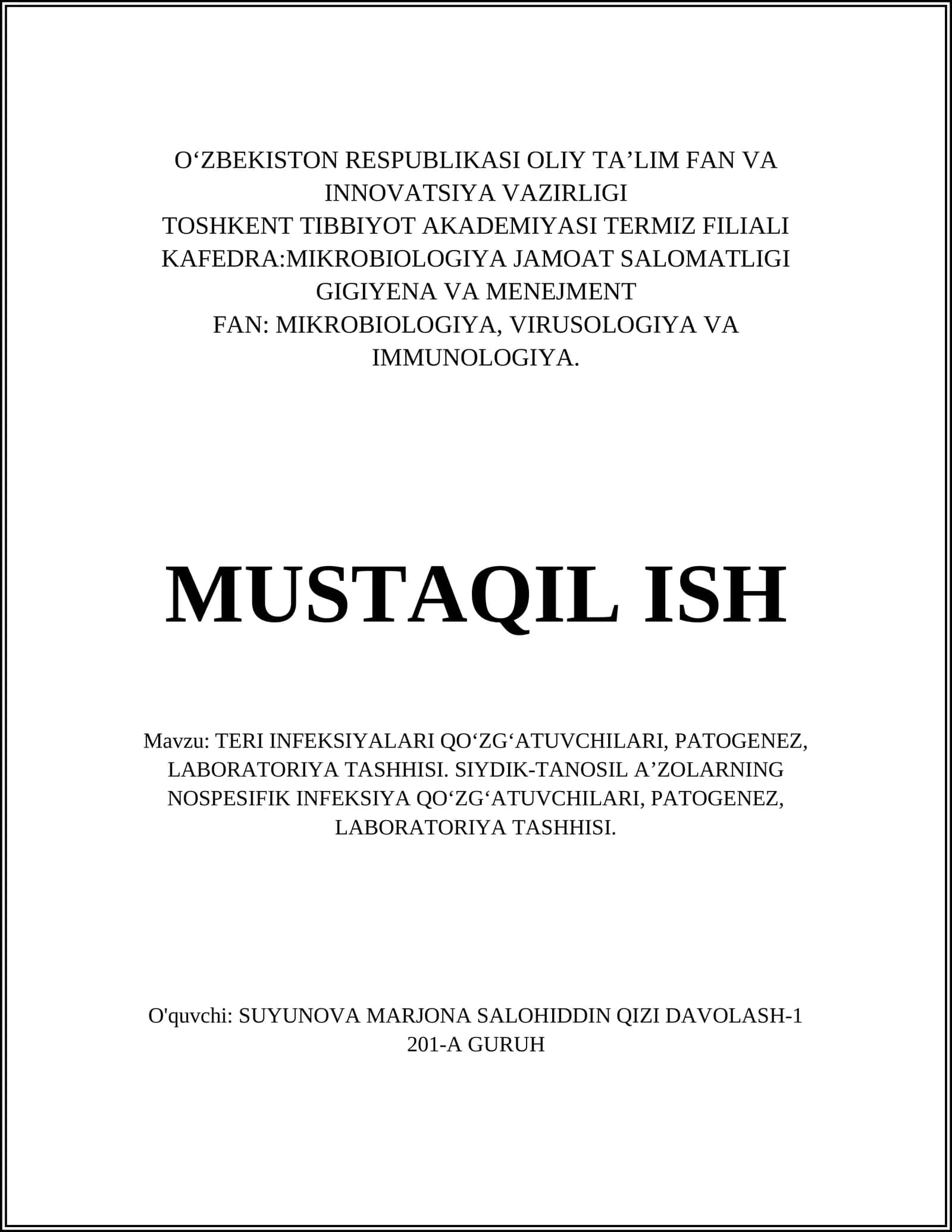 TERI INFEKSIYALARI QOʻZGʻATUVCHILARI, PATOGENEZ, LABORATORIYA TASHHISI 1