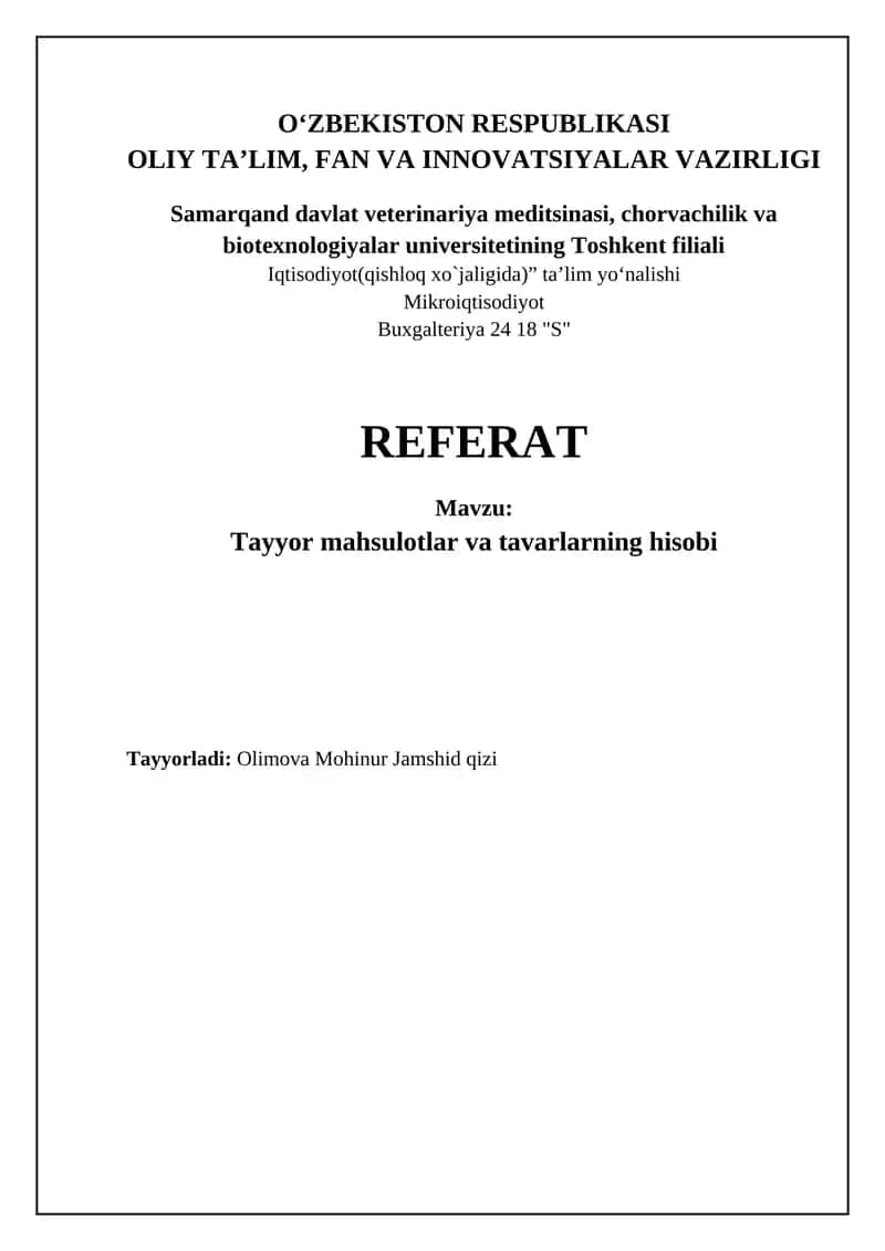 Tayyor mahsulotlar va tovarlar hisobi 1