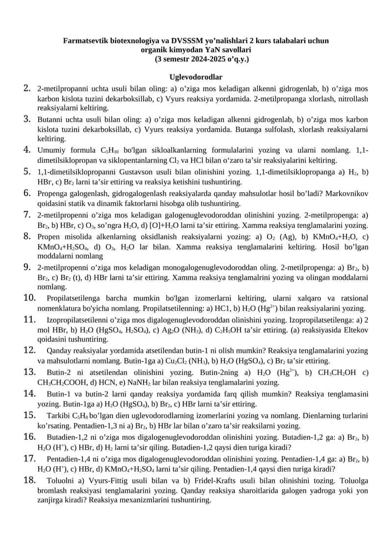 organik kimyodan YaN savollari 1