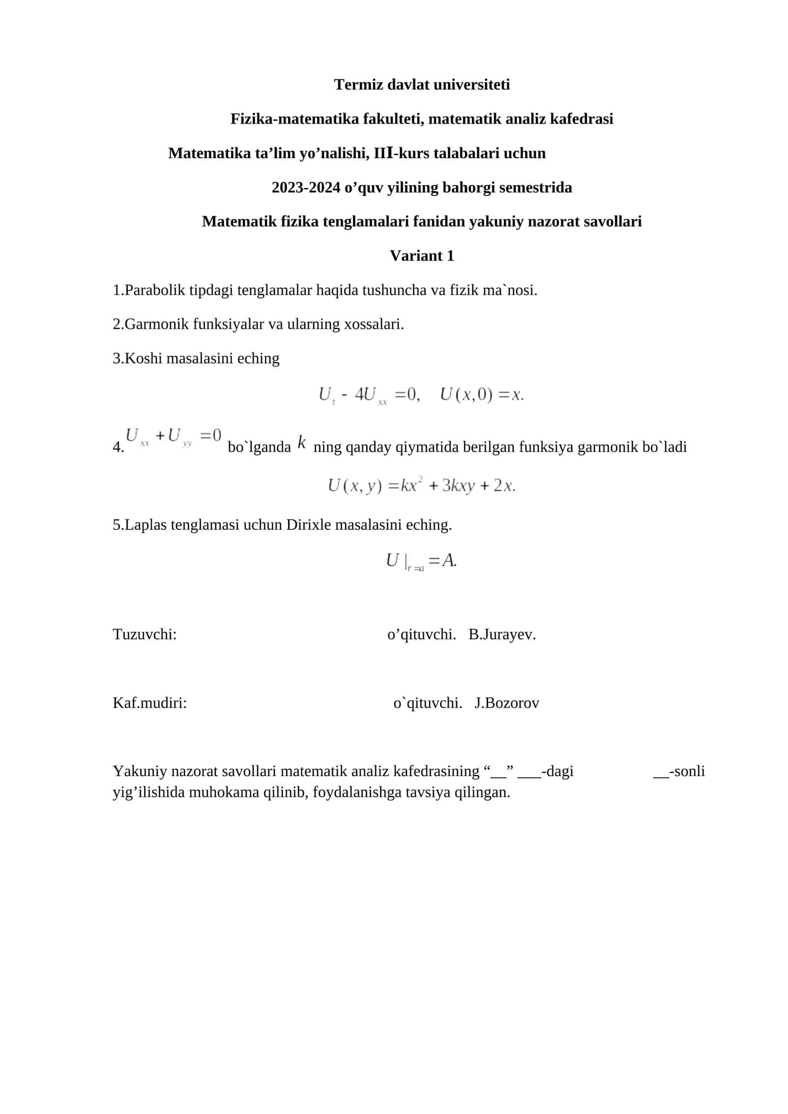 Matematik fizika tenglamalari fanidan yakuniy nazorat savollari 1