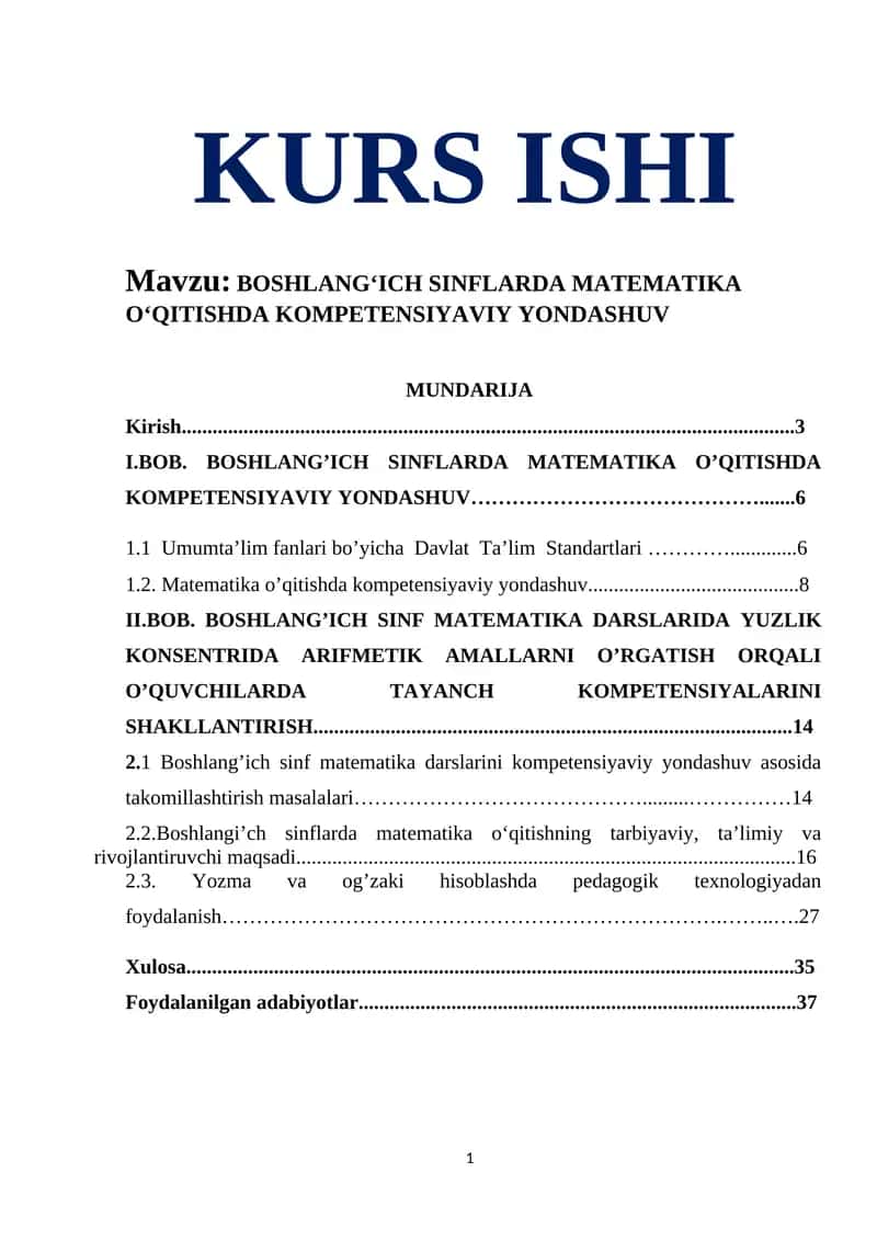 BOSHLANG‘ICH SINFLARDA MATEMATIKA O‘QITISHDA KOMPETENSIYAVIY YONDASHUV 1