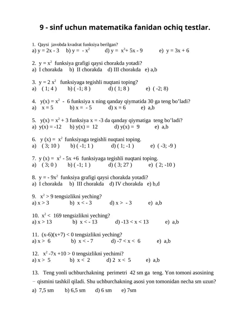 9 - sinf uchun matematika fanidan ochiq testlar 1