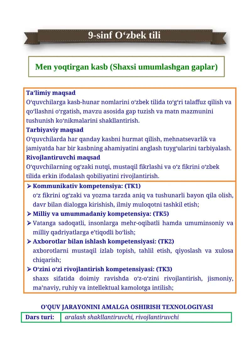 9-sinf O'zbek tili Men yoqtirgan kasb. Shaxsi umumlashgan gaplar 1