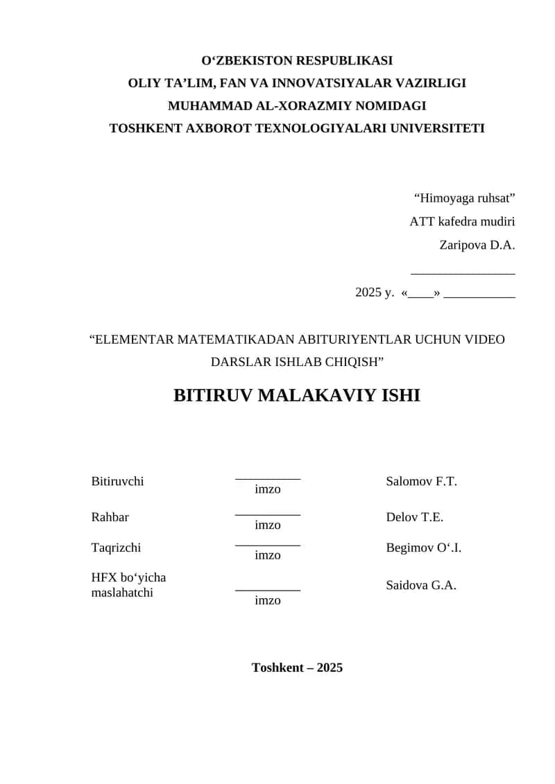 Elementar matematikadan abituriyentlar uchun video darslar ishlab chiqish 1