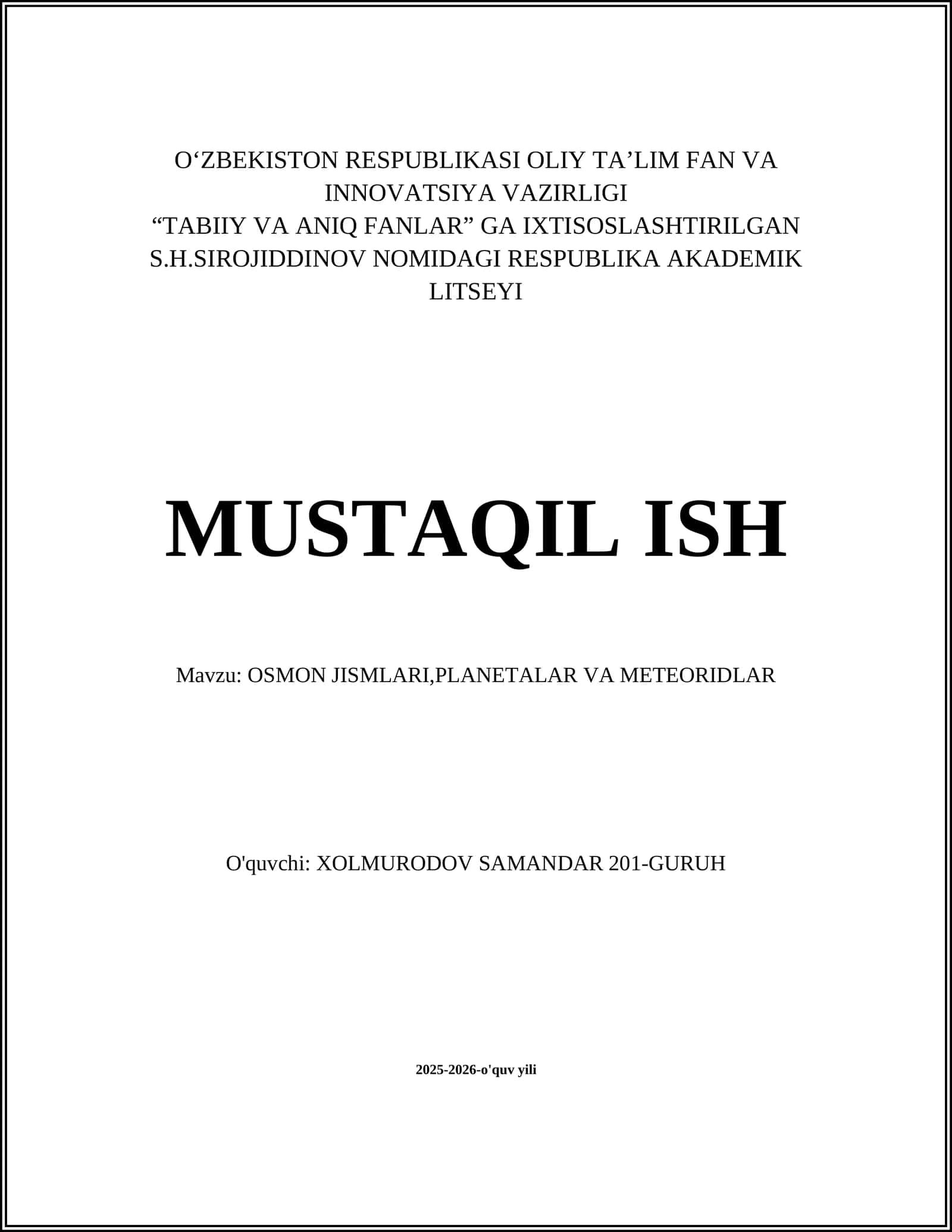 OSMON JISMLARI,PLANETALAR VA METEORIDLAR 1