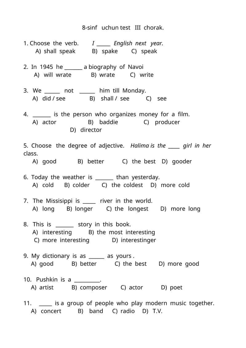 8-sinf uchun test III chorak 1