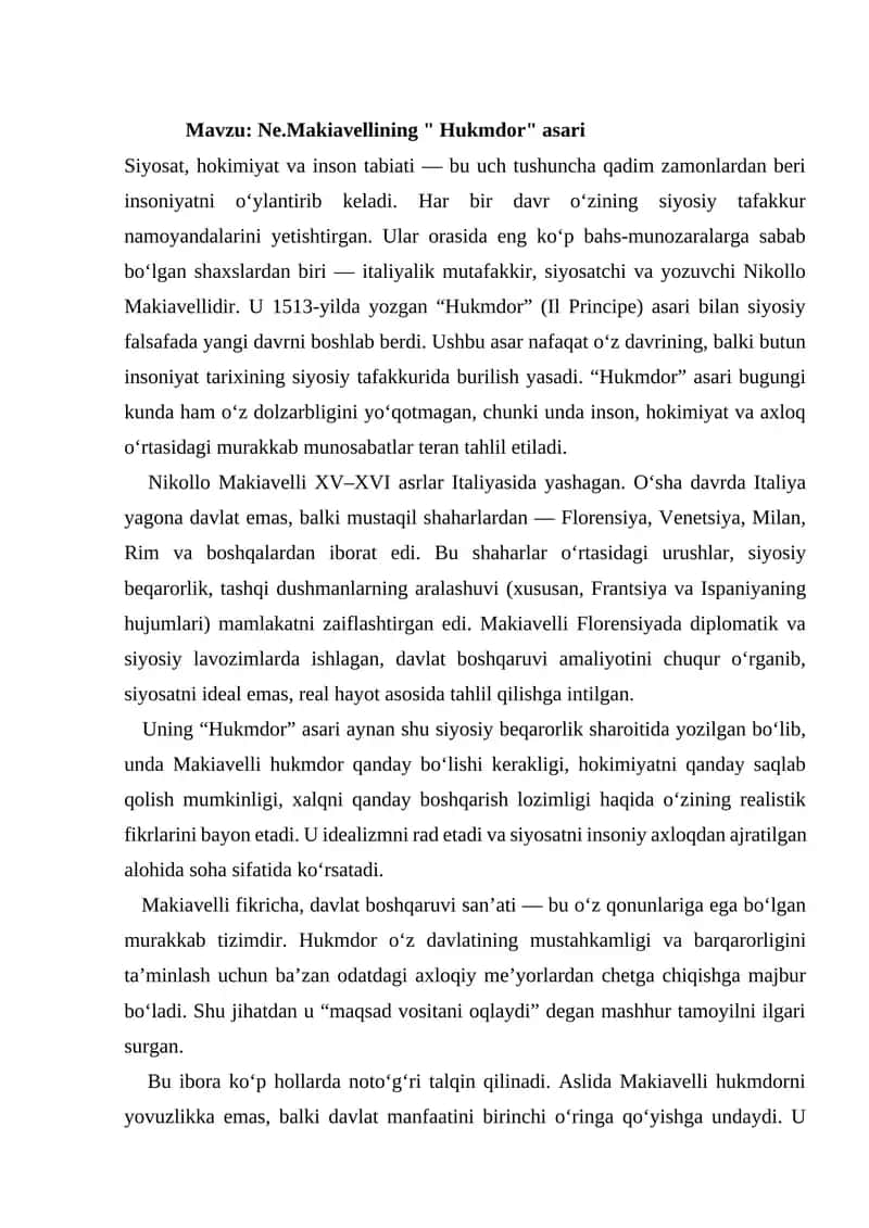 Ne.Makiavellining " Hukmdor" asari 1