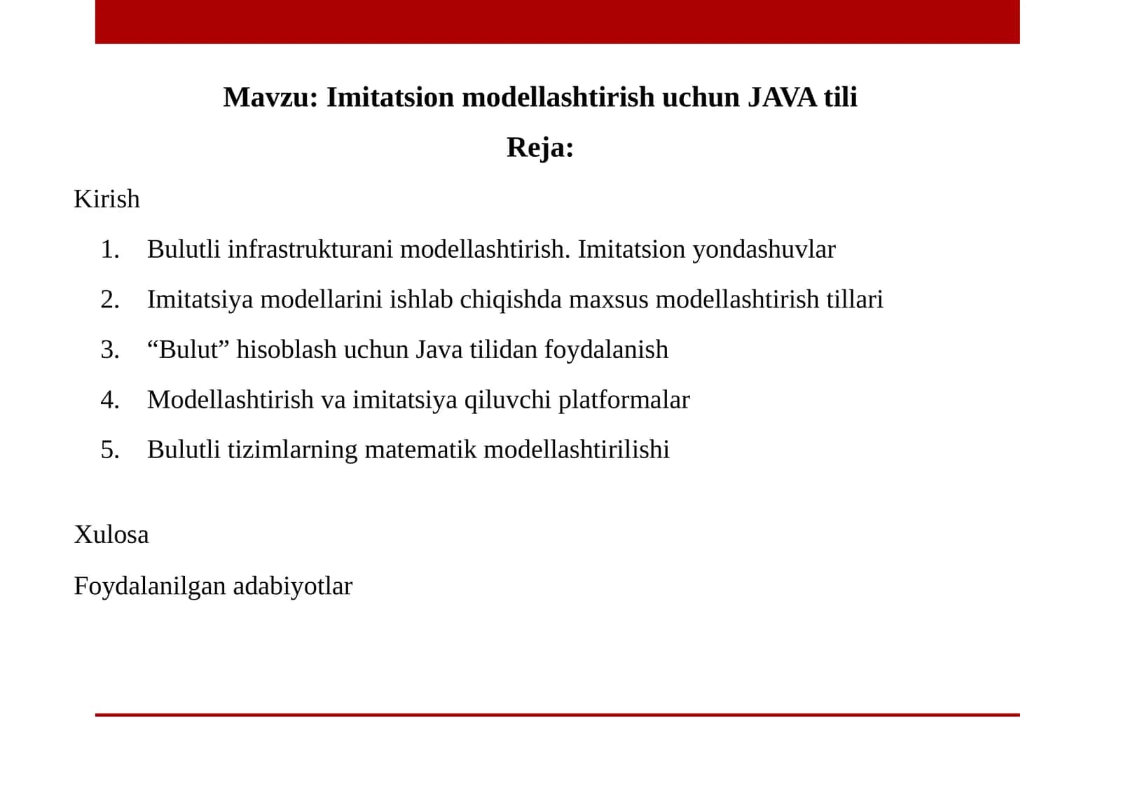 Imitatsion modellashtirish uchun JAVA tilidan foydalanish 1
