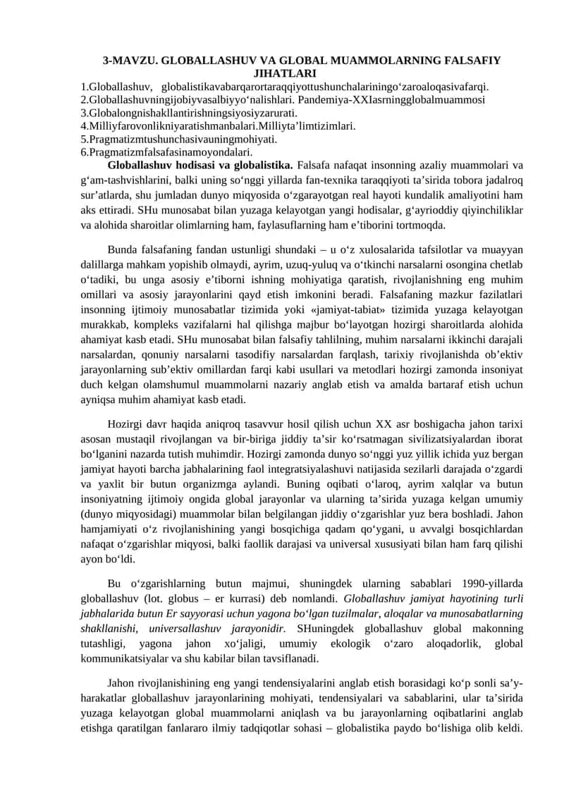 Globallashuv va global muammolarning falsafiy jihatlari 1