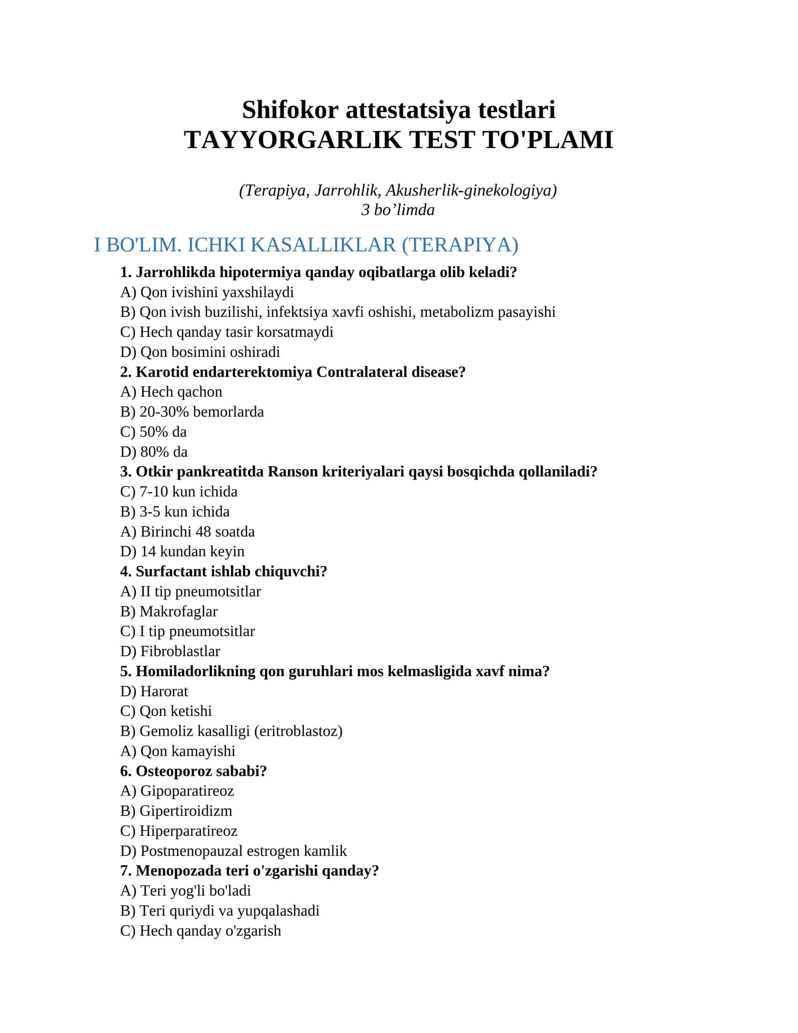 Shifokor attestatsiya testlari 1